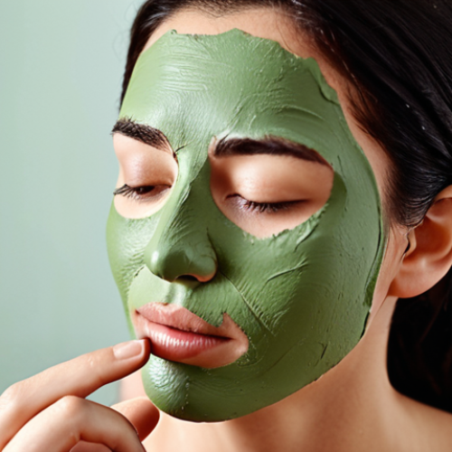 Home 11 **Close-up of a woman applying a green clay mask to her face. Focus on the texture of the clay and the purifying effect on the skin. Background is minimalist, conveying a spa-like atmosphere.**