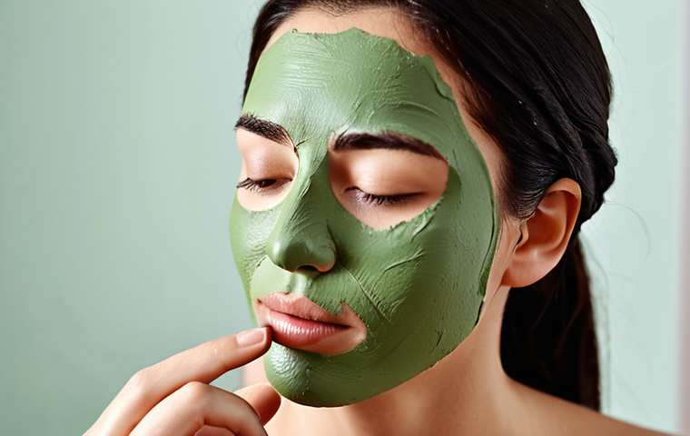 **Close-up of a woman applying a green clay mask to her face. Focus on the texture of the clay and the purifying effect on the skin. Background is minimalist, conveying a spa-like atmosphere.**